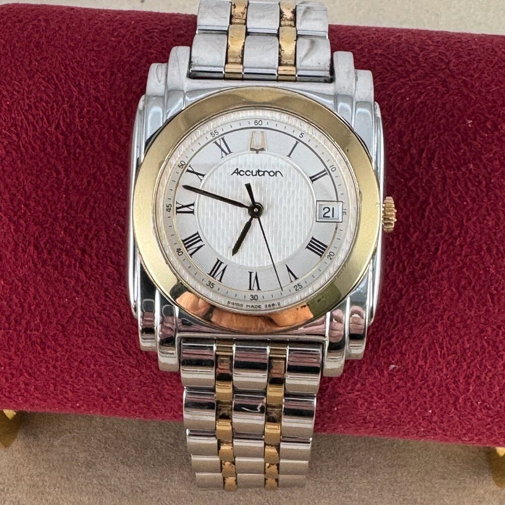 Vintage Sculptured Accutron Bulova T2 Man's Watch 2 Tone Gold & Stainless Steel